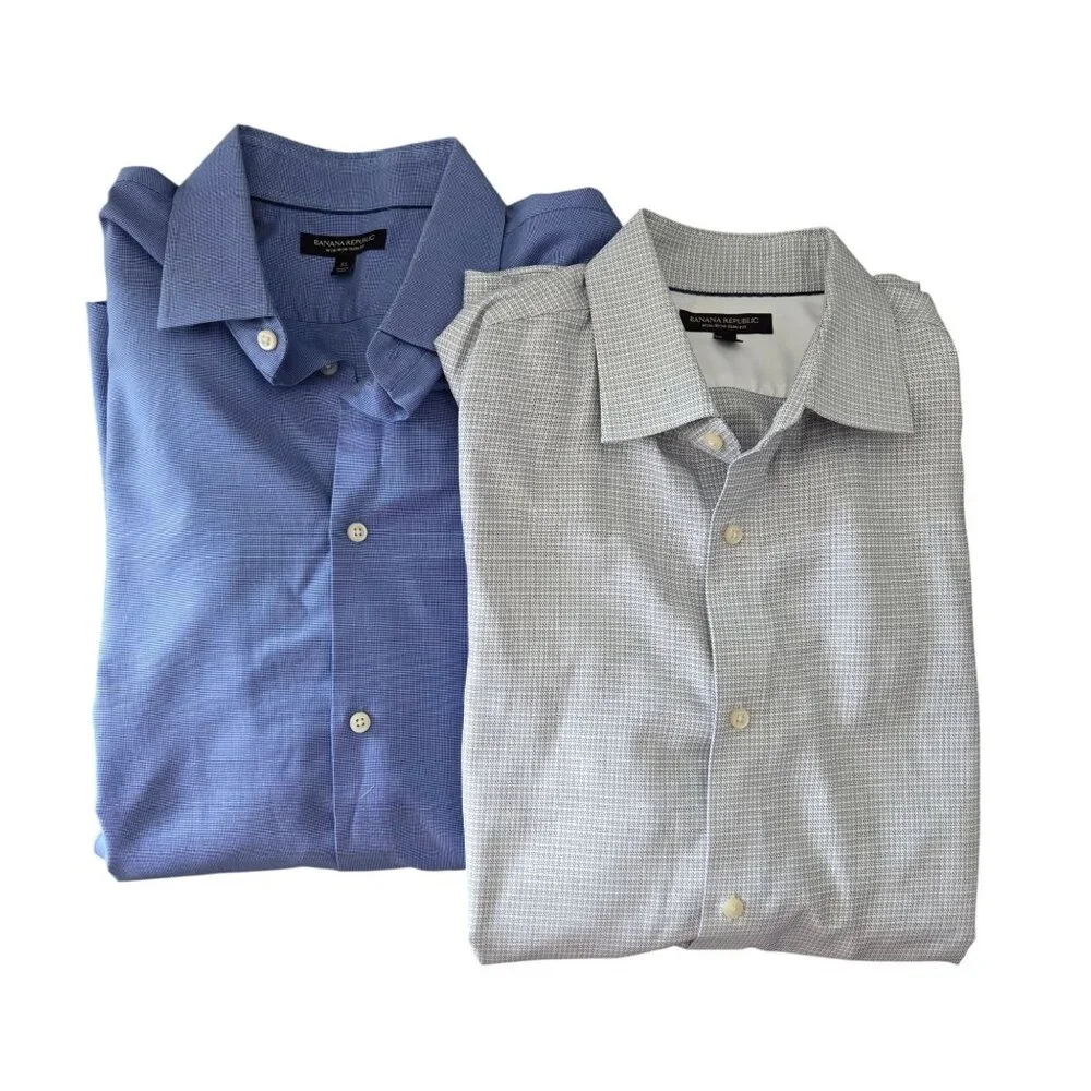 Banana Republic Mens Non-Iron Slim Fit Dress Shirts XL Cotton Blend Bundle of 2